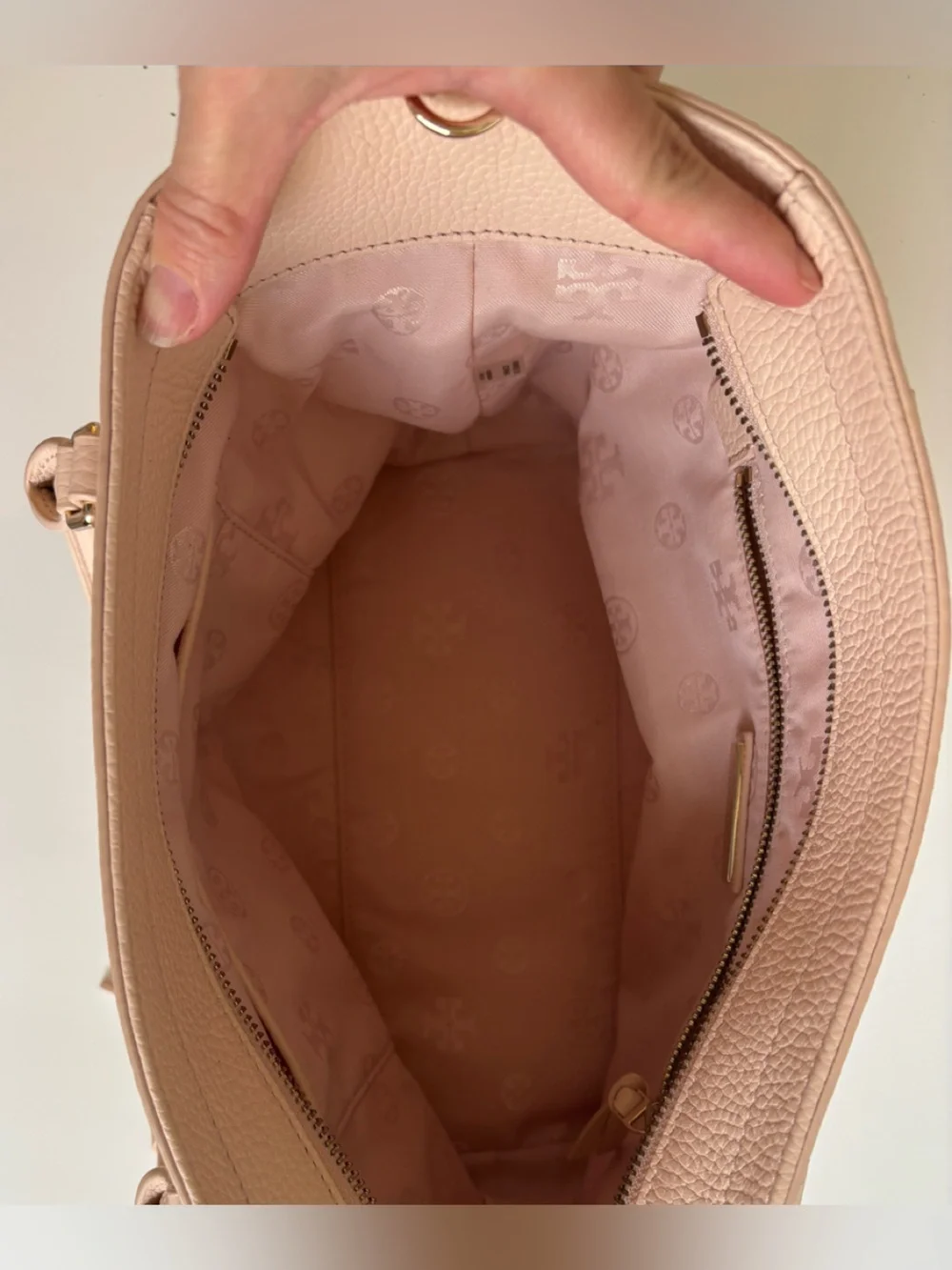 Tory Burch Blush Leather Mules with Gold Zipper Detail